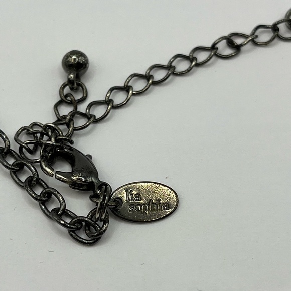 Lia Sophia Necklace | Gunmetal Tone Circles |Faux Pearl Beads 16”-19” Blue white - Picture 6 of 6